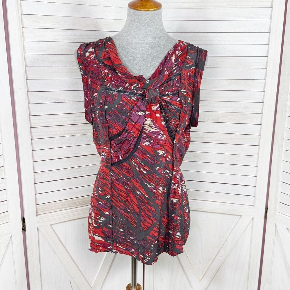 BCBGMaxAzria Abstract Print Knot Front Silk Blouse Sleeveless Black Red Medium